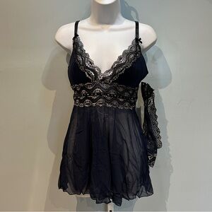 Yandy Blue Black Silver Babydoll Dress Slip with Thong Medium New with Tags